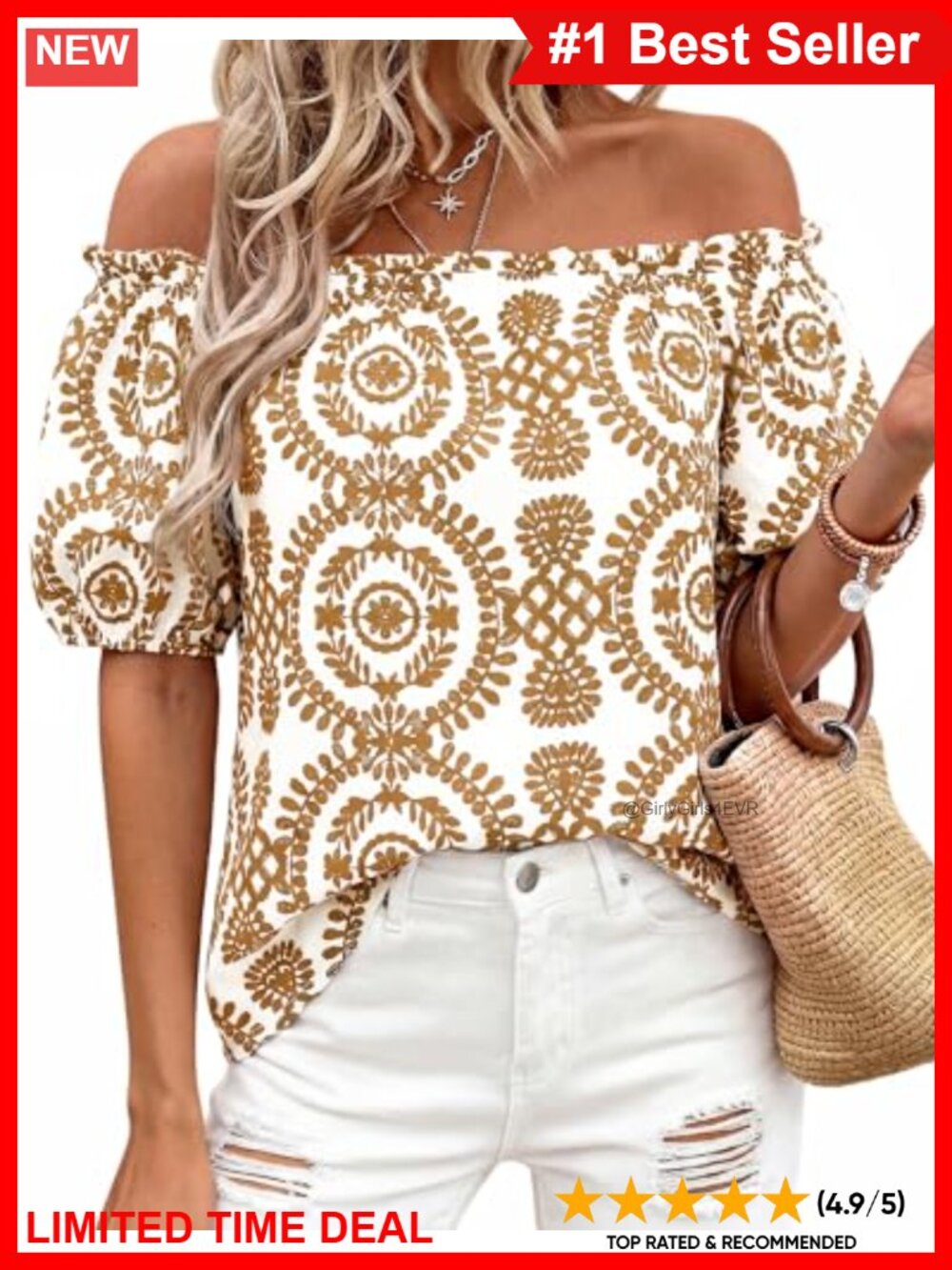 Off Shoulder Boho Floral Blouse Puff Short Sleeve Loose Fit Women's Top